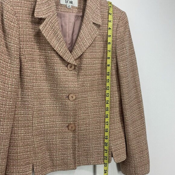 Le Suit 2 Piece Tweed Pastel Pink Tan Gold Accents Jacket & Skirt Suit Set Sz 8 - Picture 8 of 12